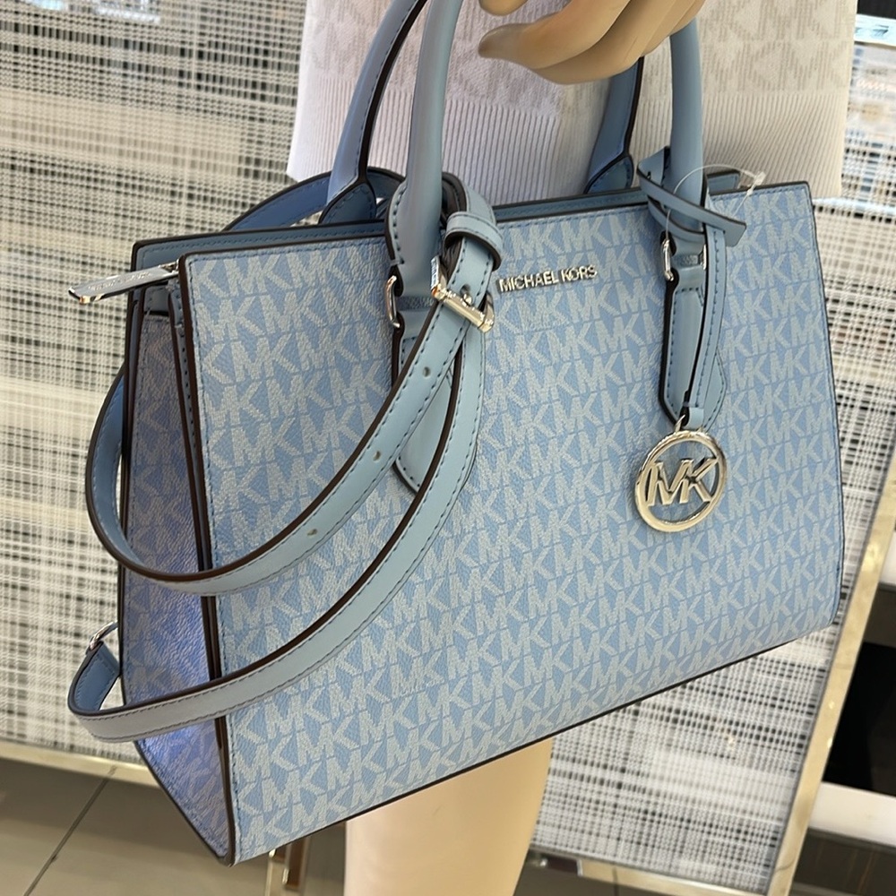 MICHAEL KORS Sheila Medium Logo CZ Satchel Crossbody Bag 
Light Sky
NWT - Picture 13 of 16